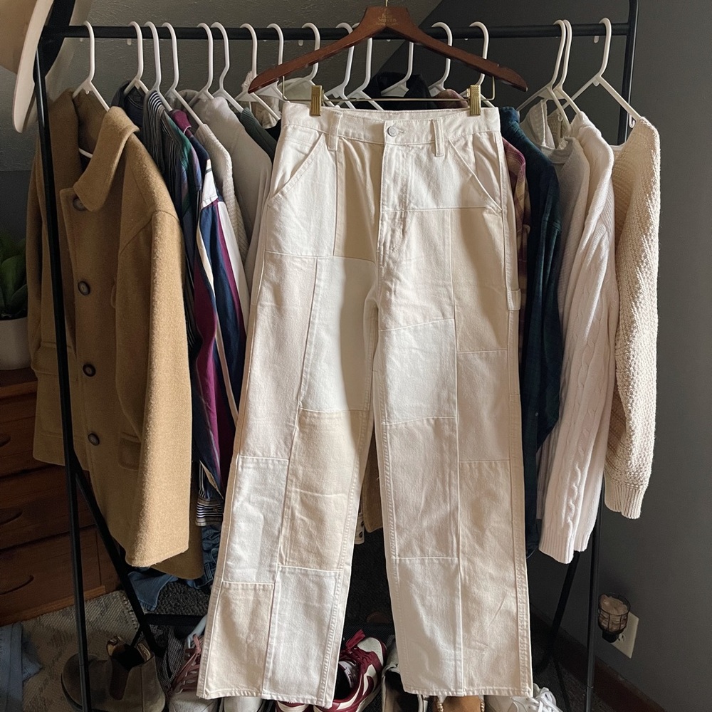 PacSun Patchwork Ultra High Waisted Flare Pants, size 27, beige